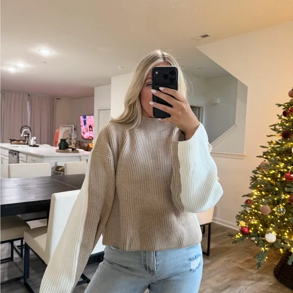 Chic Tan and Cream Women's Turtleneck Sweater - Picture 3 of 12